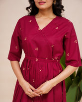Ekisha's women dark wine printed V neck pure cotton midi dress, detailed view