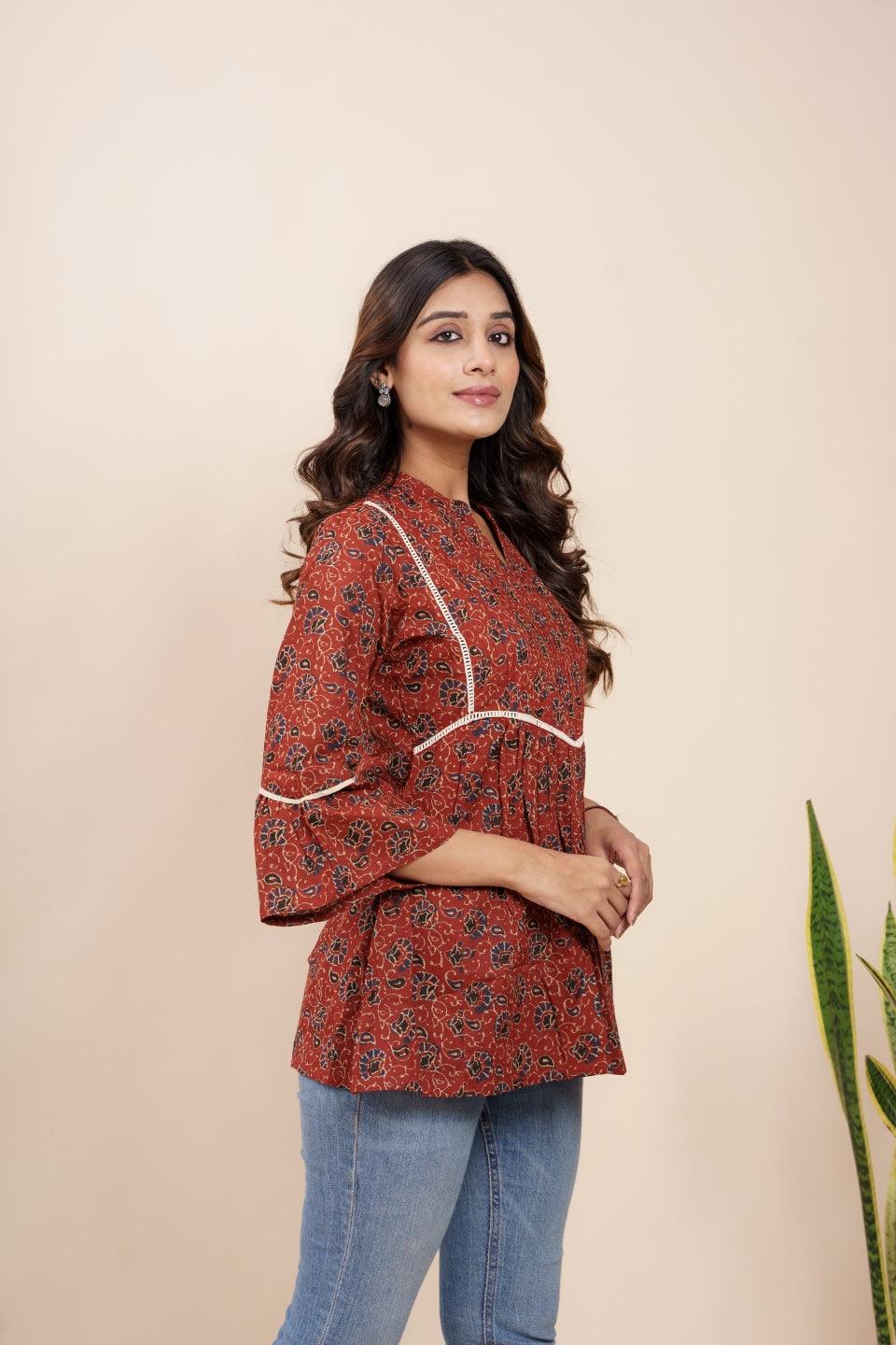 Ekisha's women maroon designer kalamkari floral printed cotton tunic top short kurti - Ekisha