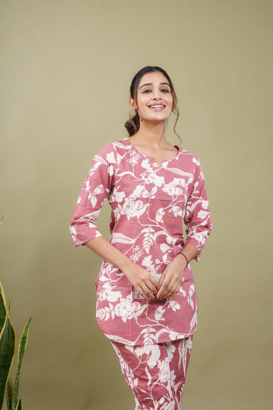 Ekisha's women gajri floral printed cotton co-ord set lounge wear - Ekisha