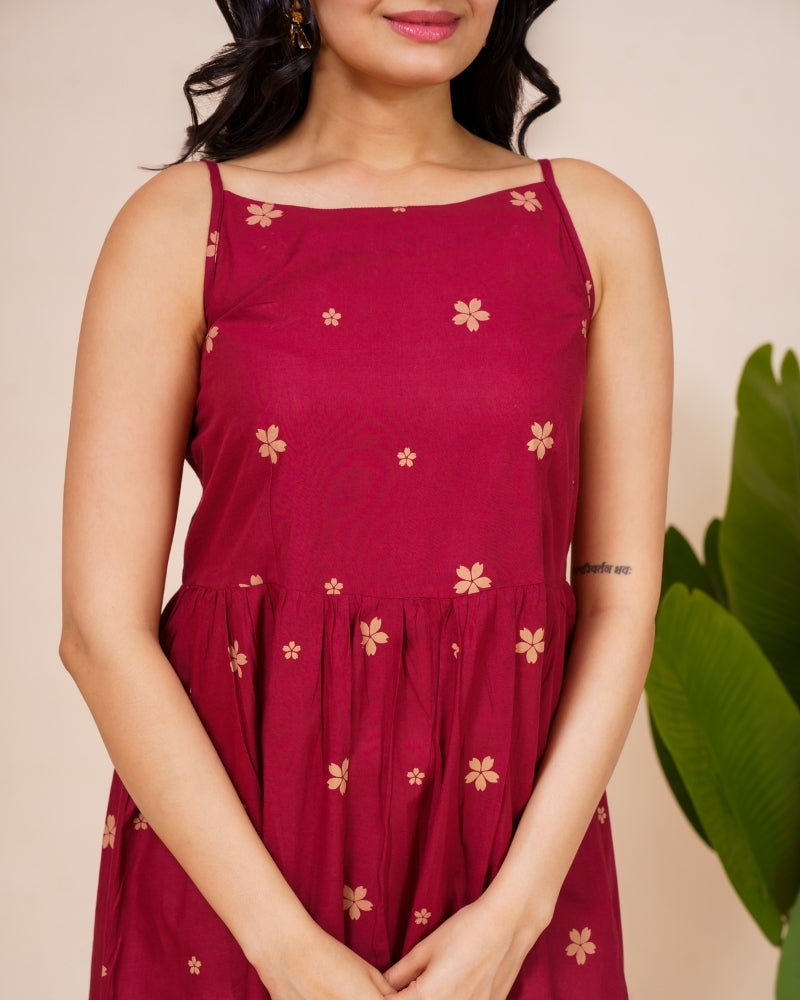 Ekisha's women dark wine floral printed sleeveless pure cotton midi dress, detailed view