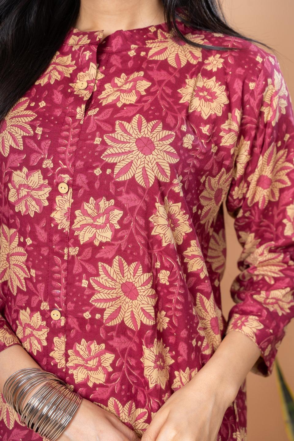Ekisha women's Maroon designer printed multicolor floral printed straight kurta kurti - Ekisha