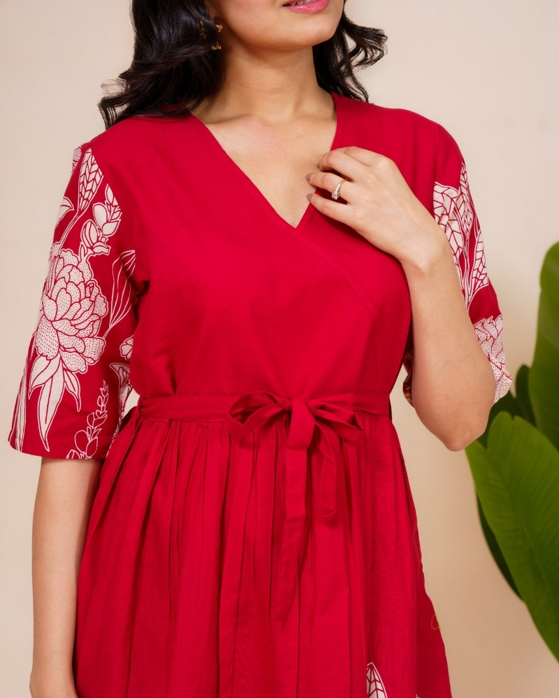 Ekisha's women red floral panel printed V neck pure cotton midi dress, detailed view