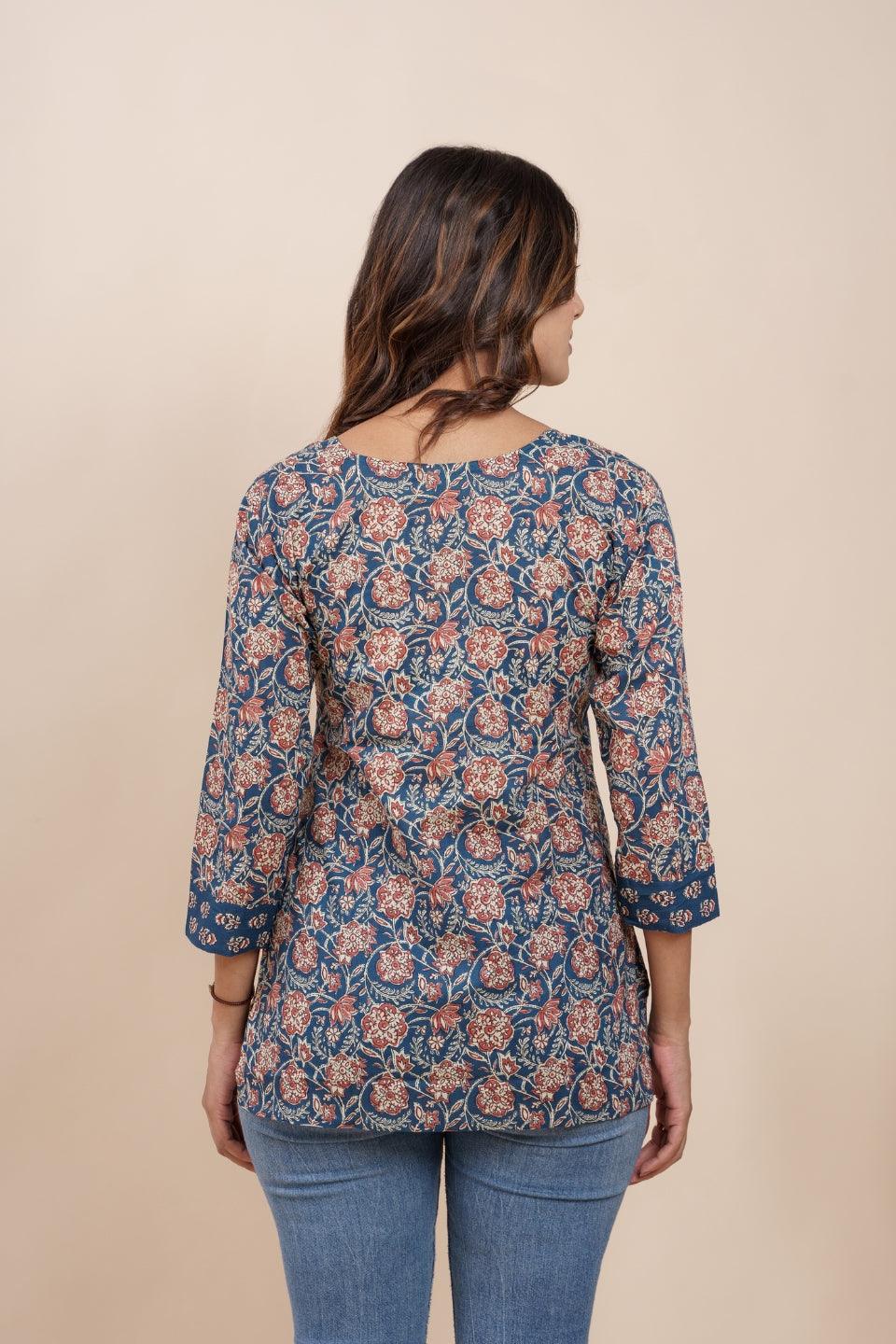 Ekisha's women blue beautiful designer floral printed cotton tunic top short kurti - Ekisha