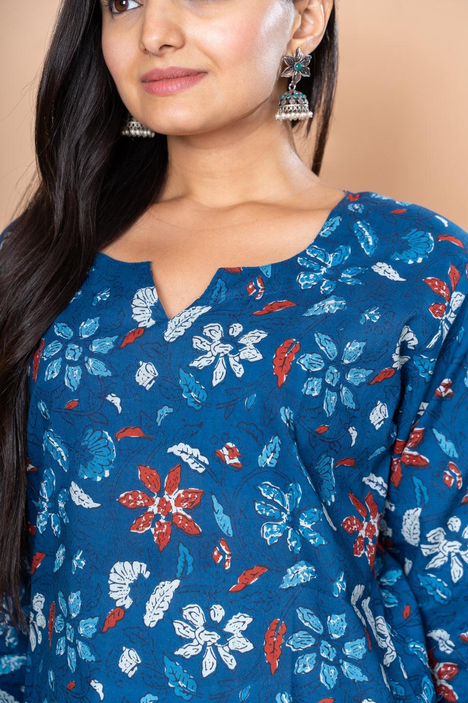 Ekisha's women blue designer floral printed cotton tunic top short kurti - Ekisha