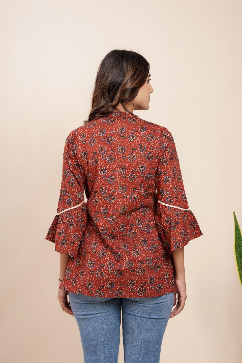 Ekisha's women maroon designer kalamkari floral printed cotton tunic top short kurti - Ekisha