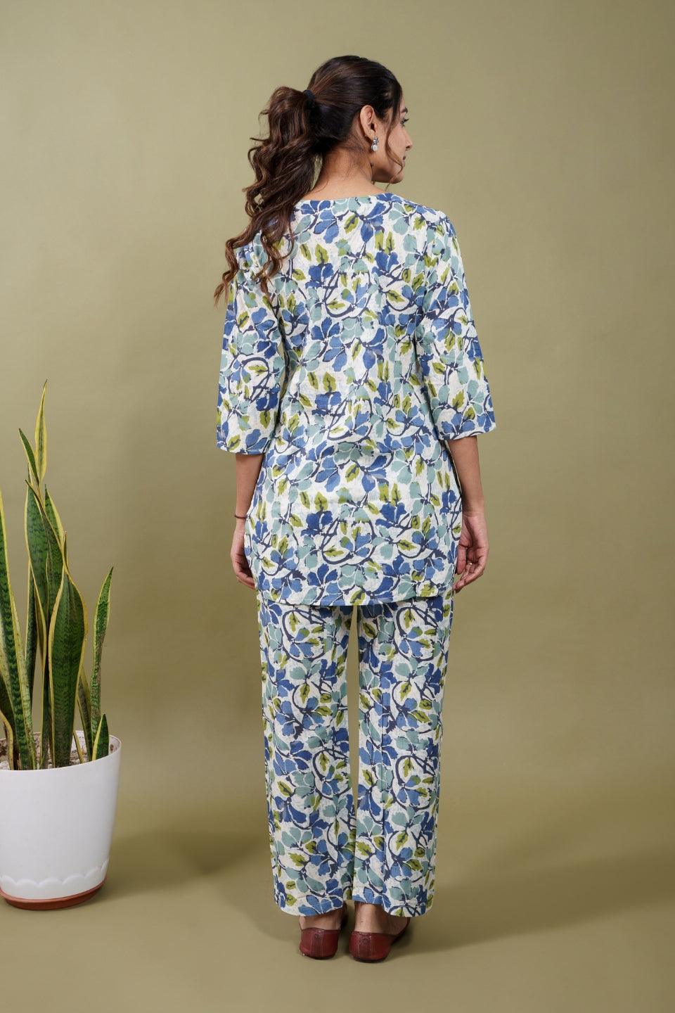 Ekisha's women white multicolor floral printed cotton co-ord set lounge wear - Ekisha