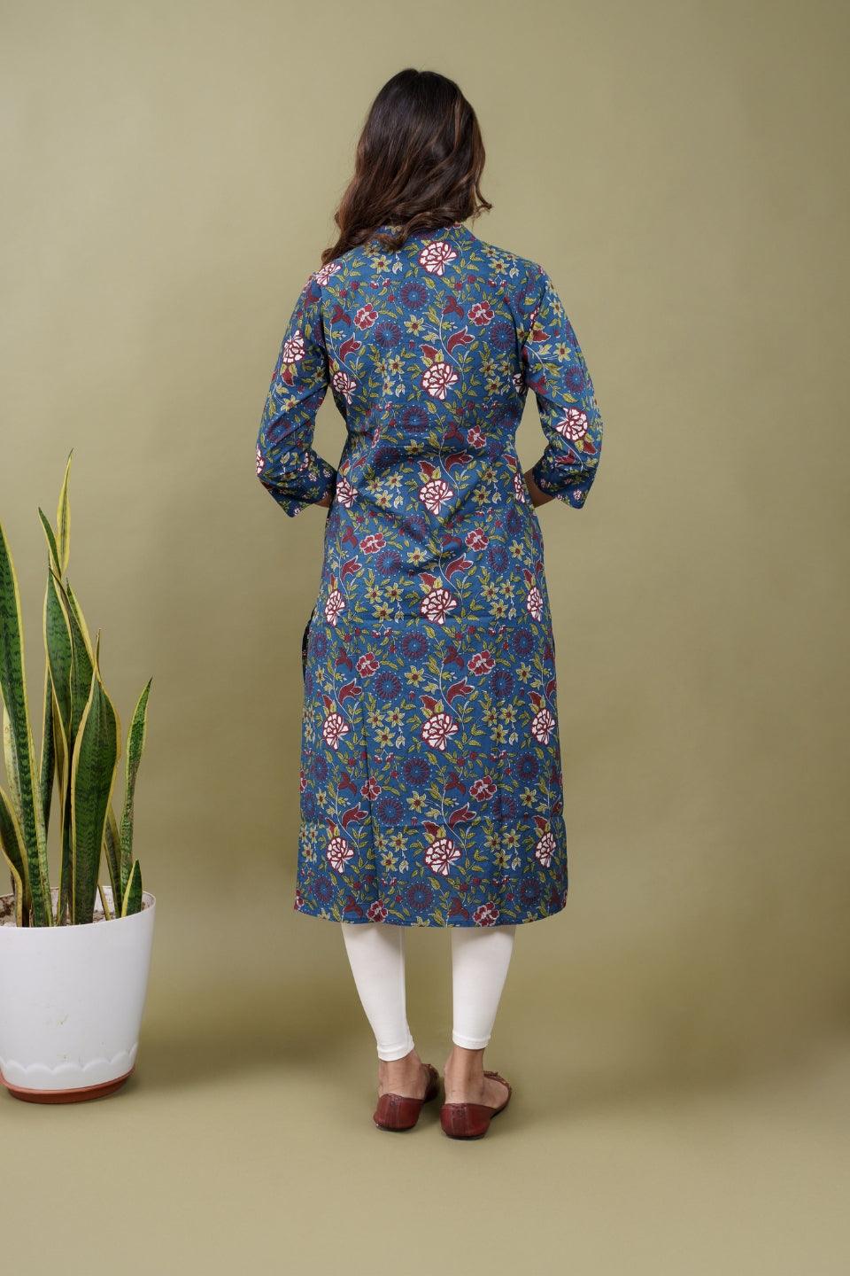 Ekisha women's cotton blue floral printed angrakha kurta kurti - Ekisha