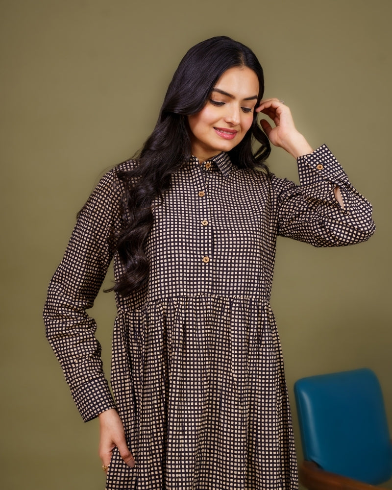Ekisha's women black checks collared pure cotton midi dress, front view 2
