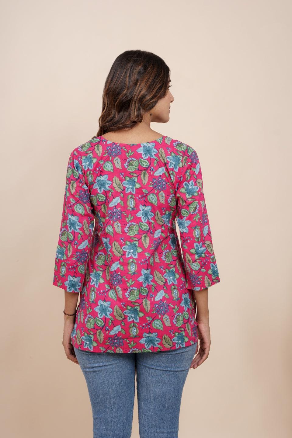 Ekisha's women dark pink beautiful designer floral printed cotton tunic top short kurti - Ekisha