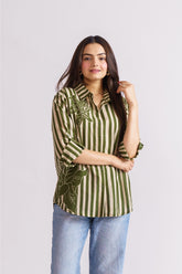 Cotton striped shirt sleeve rolled up with button tab