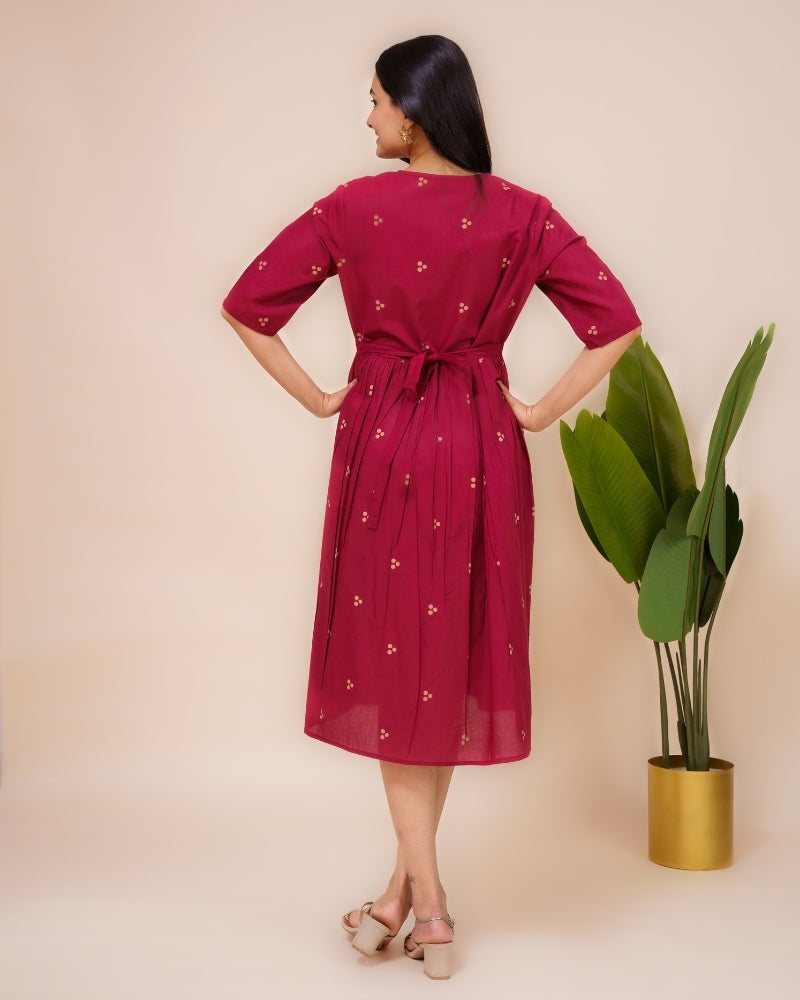 Ekisha's women dark wine printed V neck pure cotton midi dress, back view