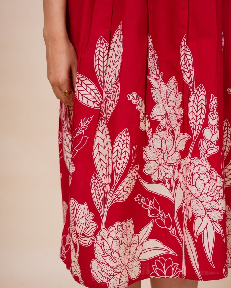 Ekisha's women red floral panel printed V neck pure cotton midi dress, detailed view 2