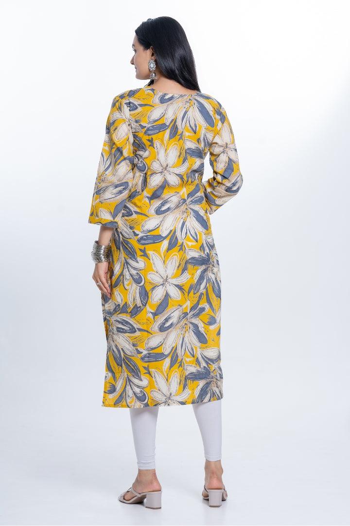 Ekisha women's cotton yellow bold printed floral printed straight kurta kurti - Ekisha