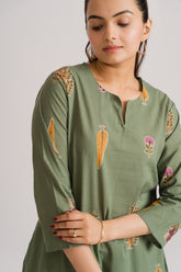 Sage green cotton co-ord set with scattered mughal cypress tulip and foliage block print – Ekisha ethnic wear