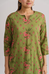 Olive green and pink ditsy floral print cotton co-ord set – Ekisha ethnic wear