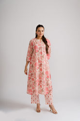 Cream and coral pink jaal floral block print cotton co-ord set – Ekisha ethnic wear