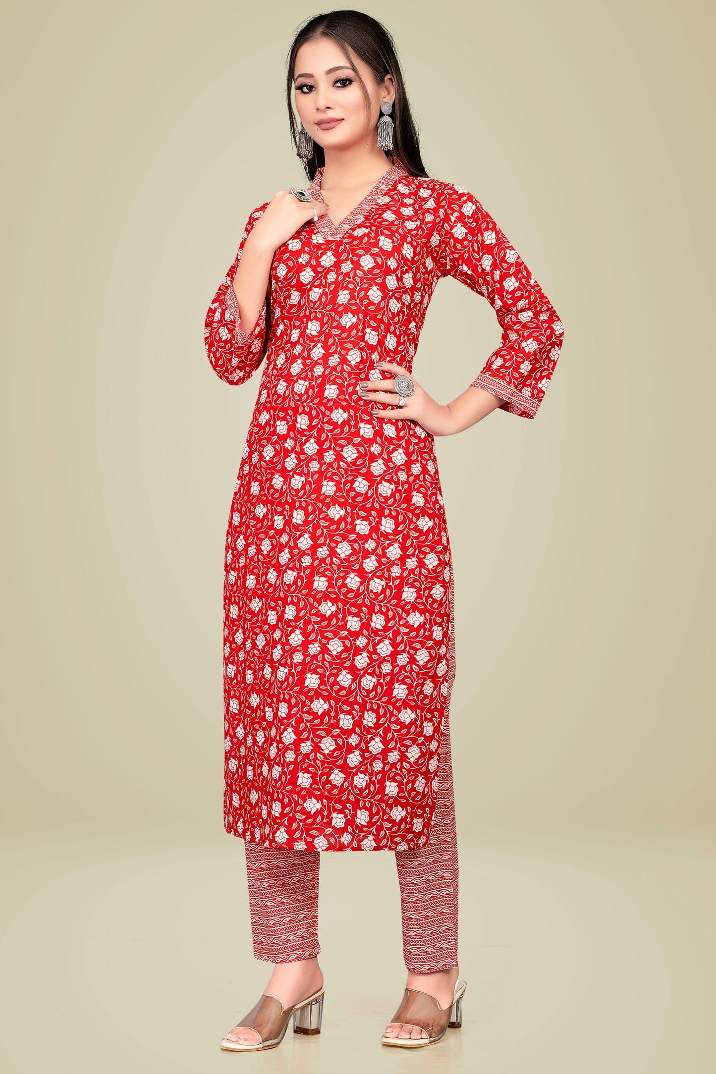 Ekisha's women printed red cotton kurta and pant set - Ekisha