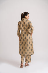 3/4 sleeve beige cotton A-line kurti with black mughal buta block print – Ekisha coord set
