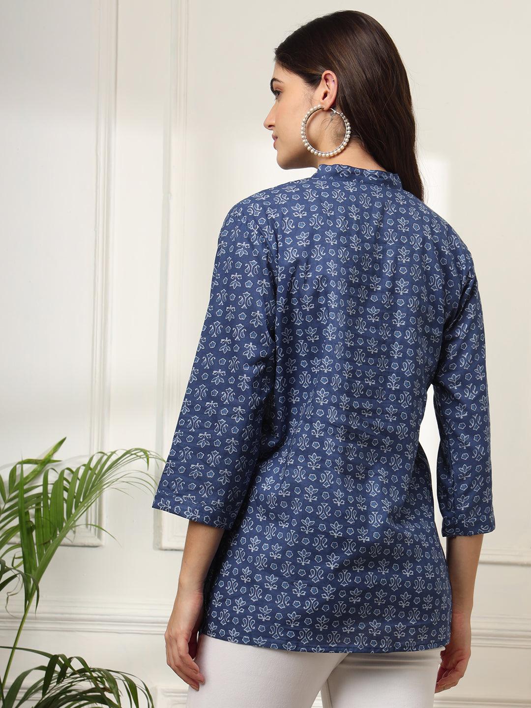 Ekisha's women blue pleated designer floral printed cotton tunic top short kurti - Ekisha