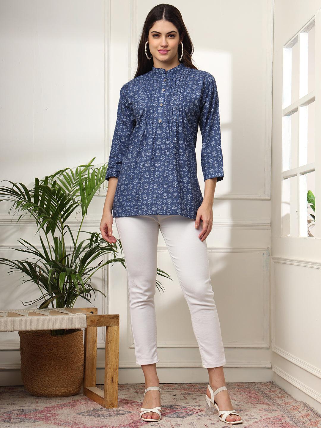 Ekisha's women blue pleated designer floral printed cotton tunic top short kurti - Ekisha
