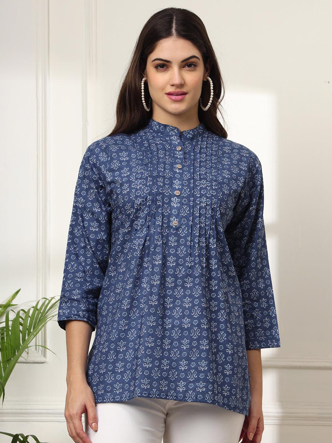 Ekisha's women blue pleated designer floral printed cotton tunic top short kurti - Ekisha