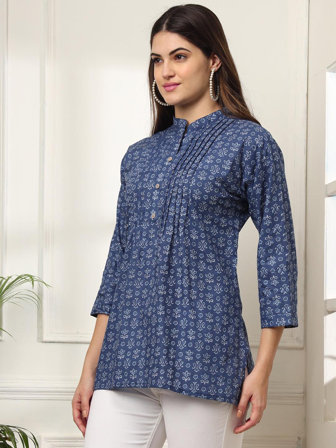 Ekisha's women blue pleated designer floral printed cotton tunic top short kurti - Ekisha