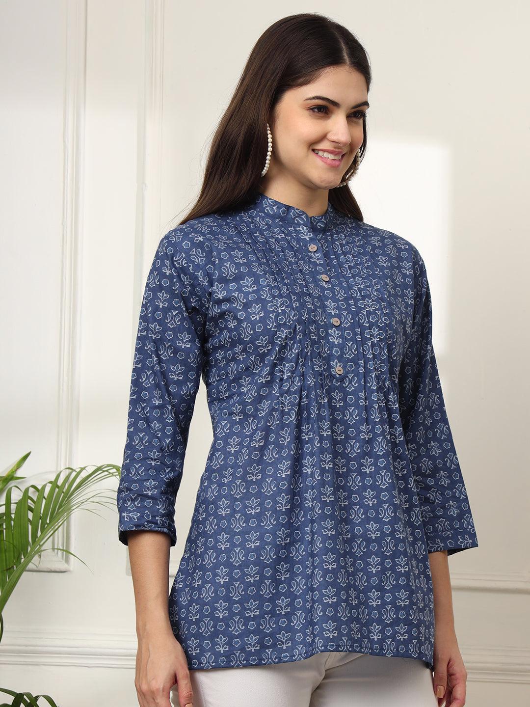 Ekisha's women blue pleated designer floral printed cotton tunic top short kurti - Ekisha