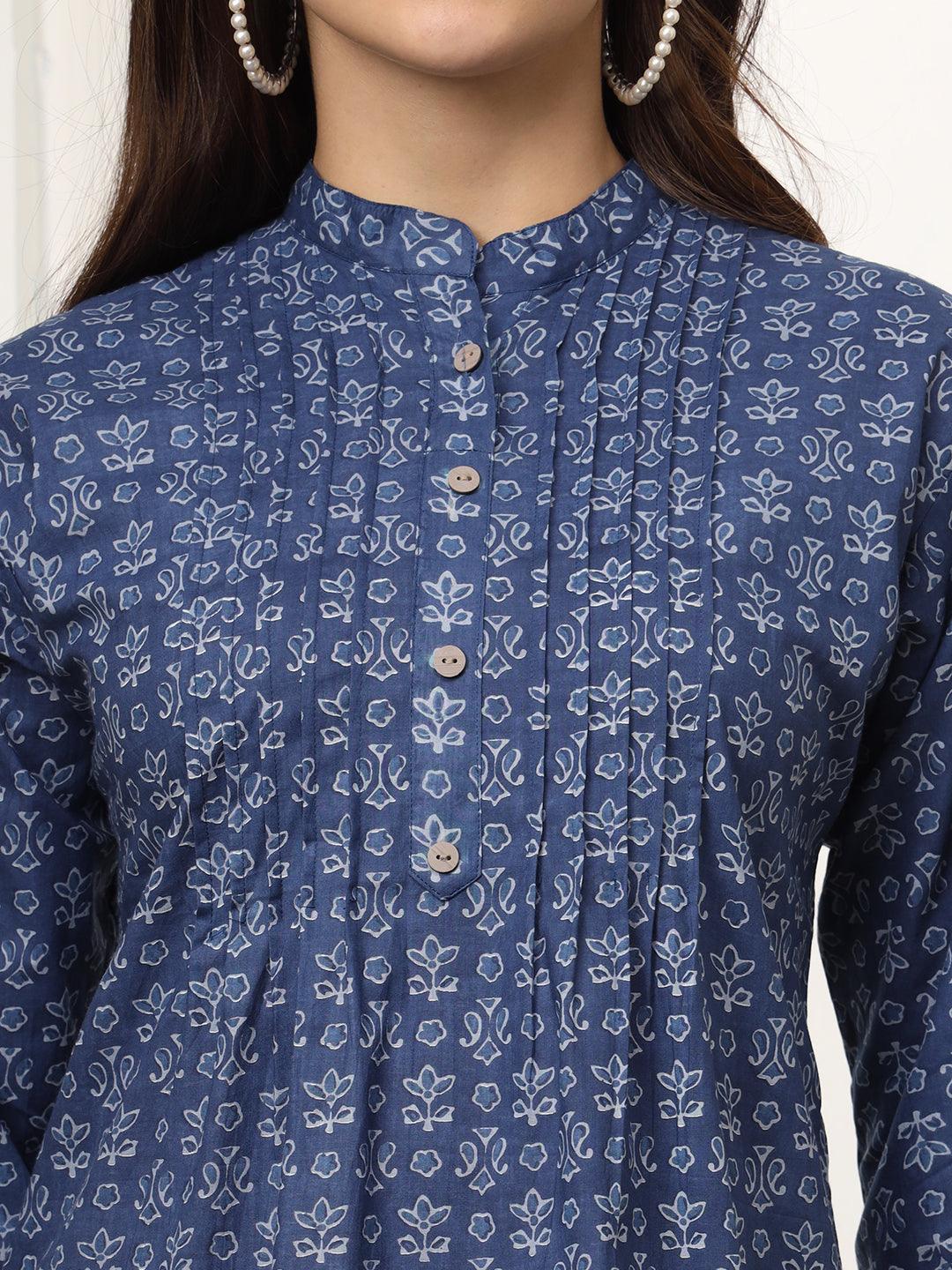 Ekisha's women blue pleated designer floral printed cotton tunic top short kurti - Ekisha