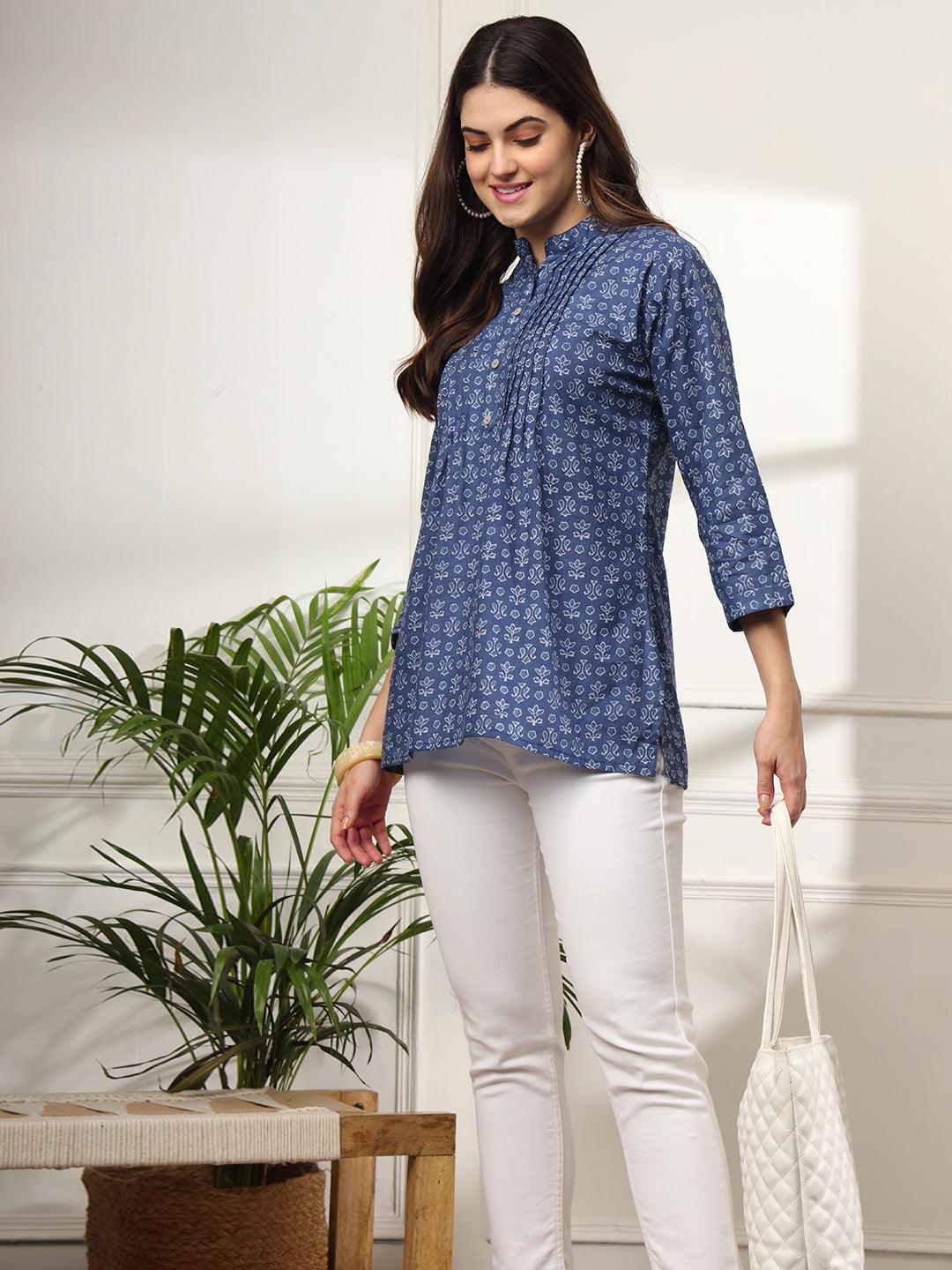Ekisha's women blue pleated designer floral printed cotton tunic top short kurti - Ekisha