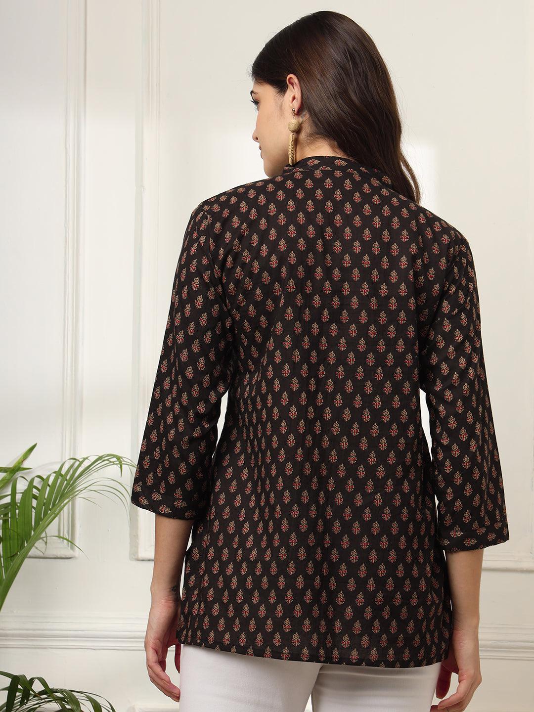 Ekisha's women black designer printed cotton tunic top short kurti - Ekisha