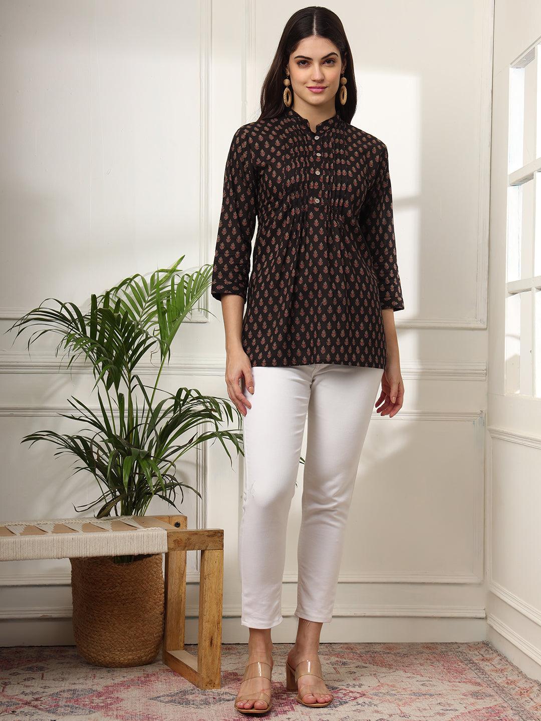 Ekisha's women black designer printed cotton tunic top short kurti - Ekisha