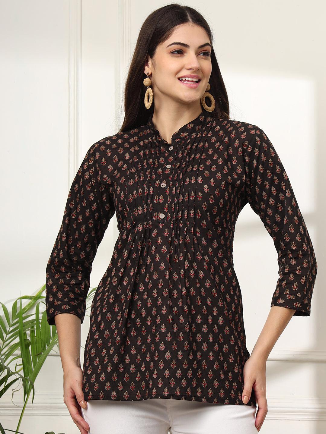 Ekisha's women black designer printed cotton tunic top short kurti - Ekisha