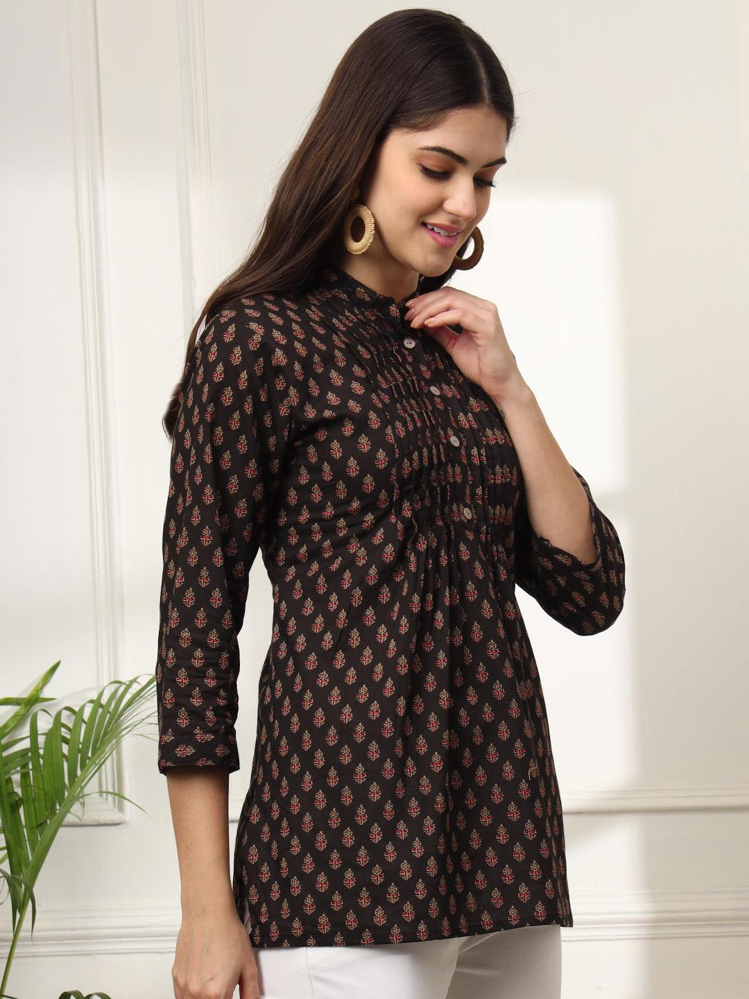 Ekisha's women black designer printed cotton tunic top short kurti - Ekisha