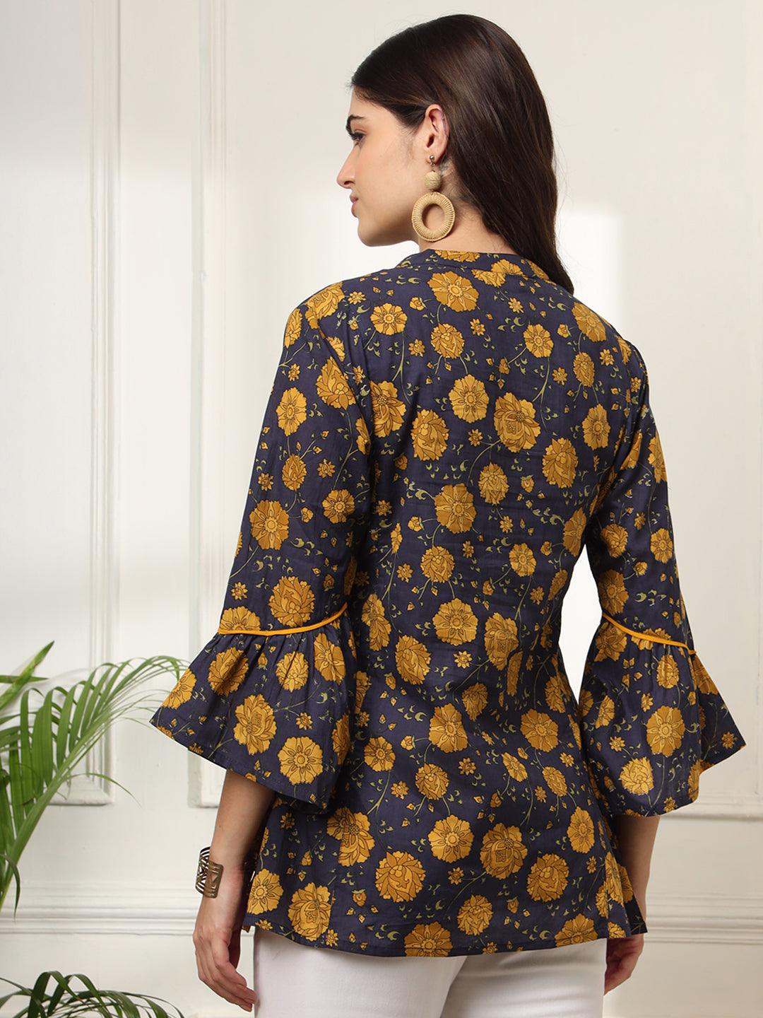 Ekisha's women dark blue pleated designer floral printed cotton tunic top short kurti - Ekisha