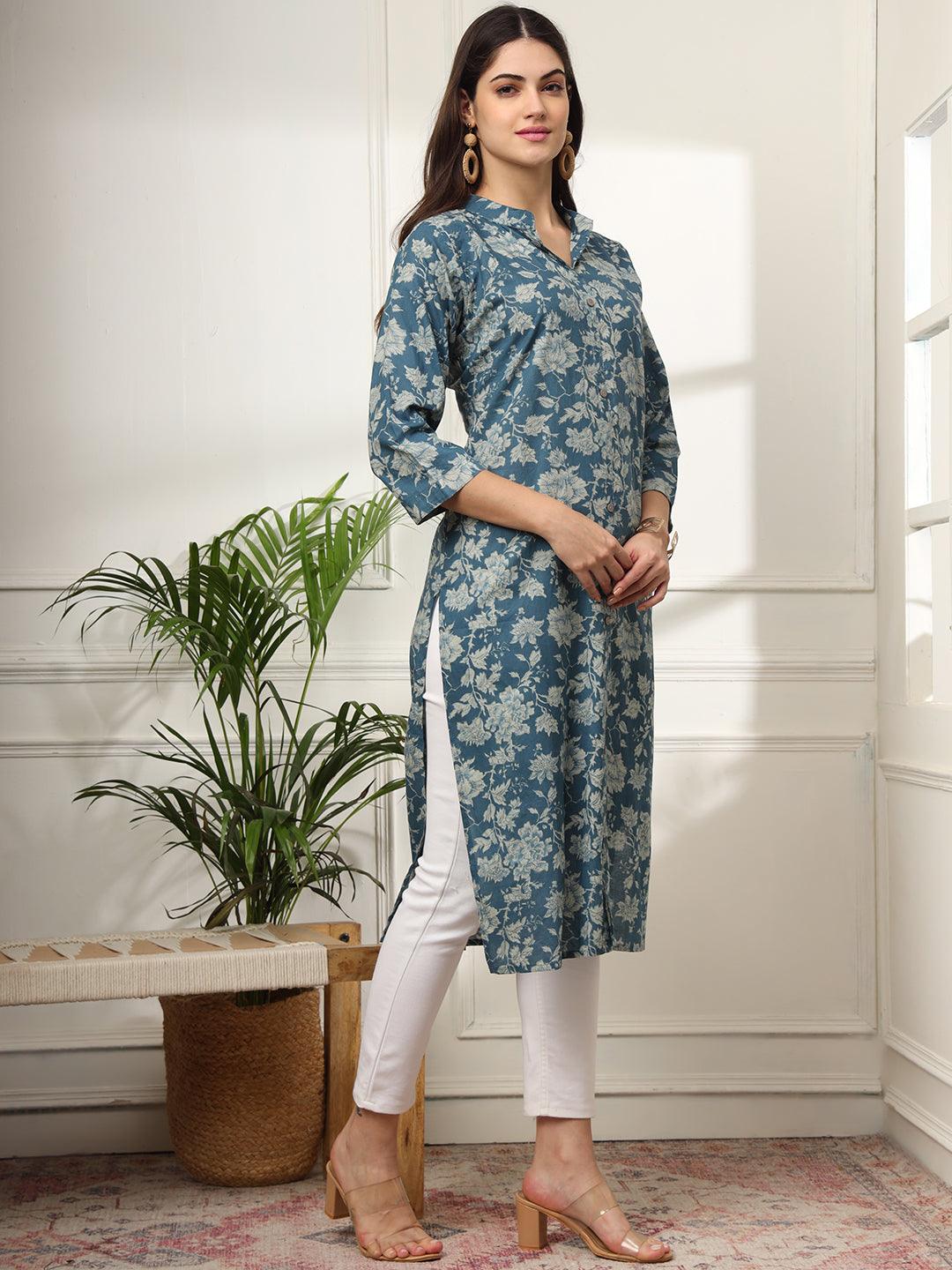 Ekisha women's cotton dusty multicolor floral printed kurta kurti - Ekisha
