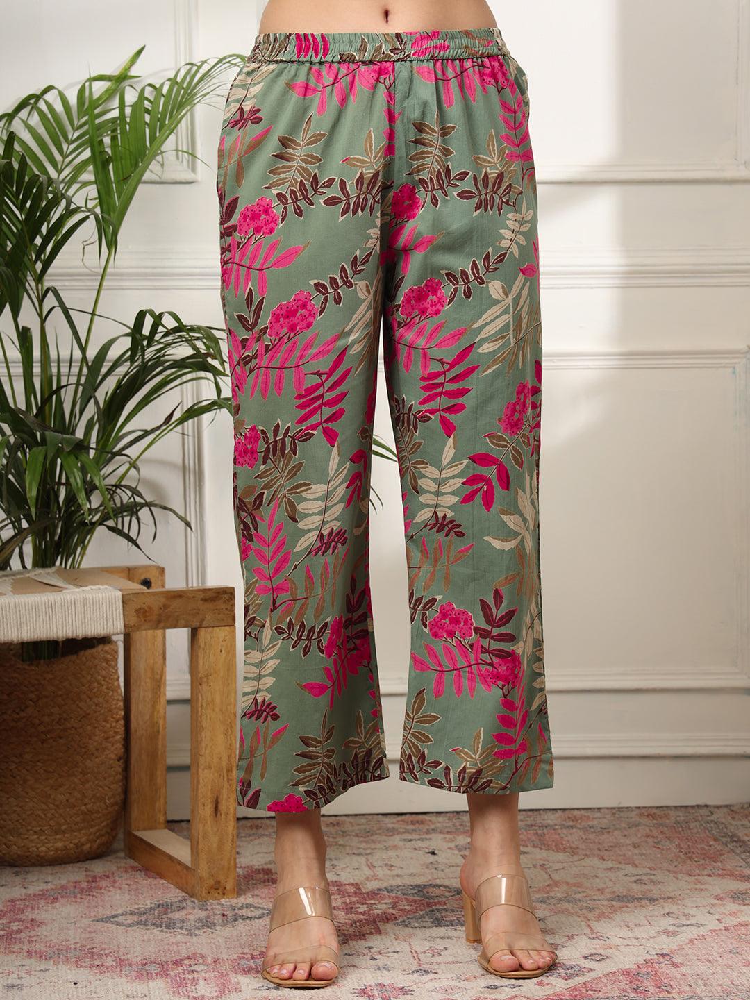 Ekisha's women green designer multicolor floral printed cotton co-ord set lounge wear - Ekisha