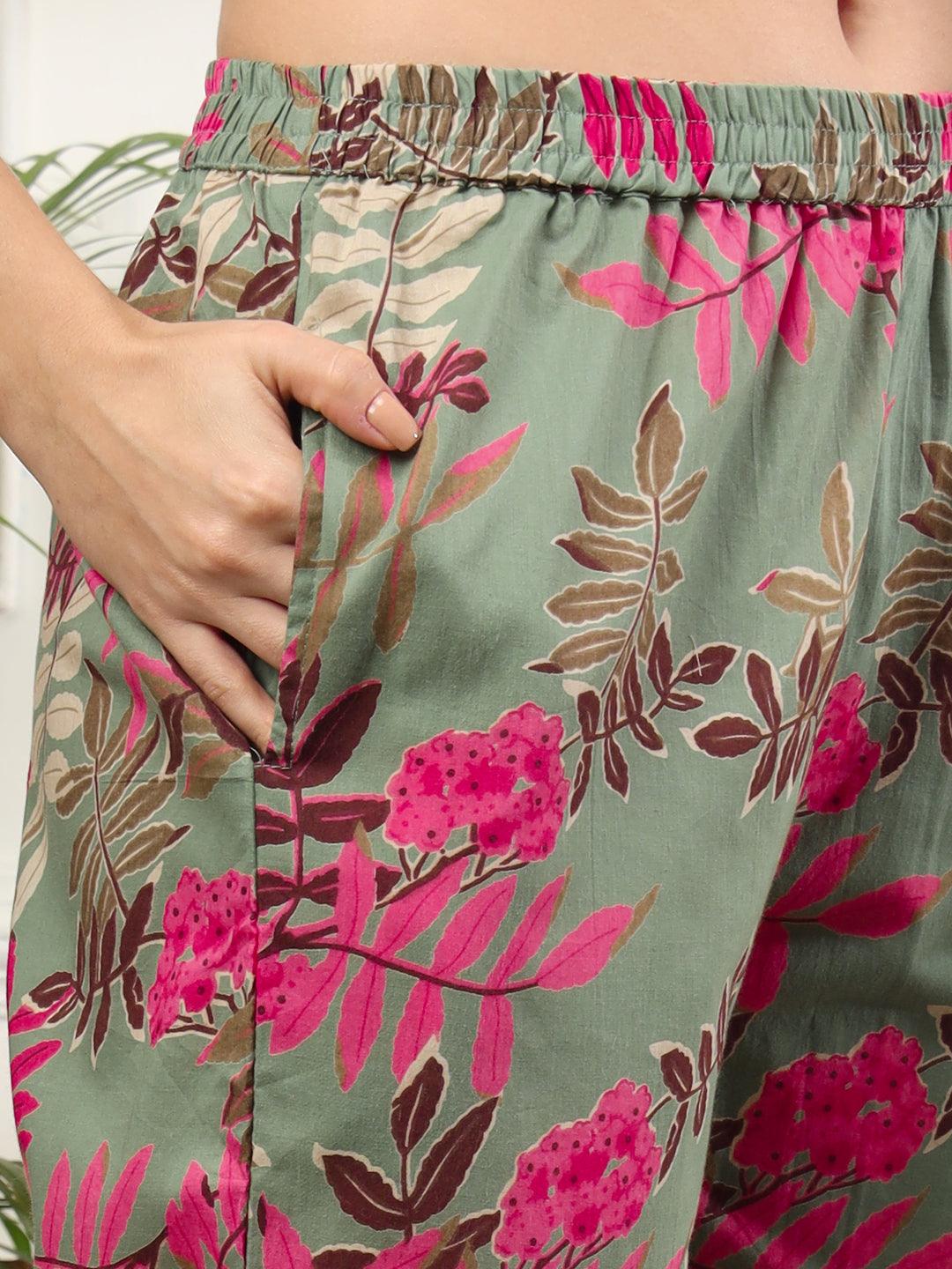 Ekisha's women green designer multicolor floral printed cotton co-ord set lounge wear - Ekisha