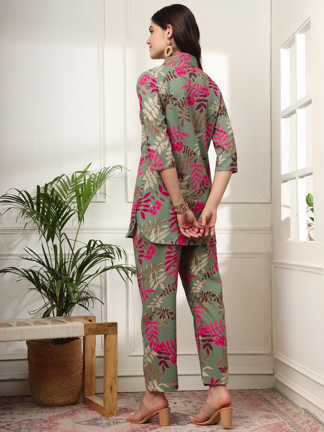 Ekisha's women green designer multicolor floral printed cotton co-ord set lounge wear - Ekisha