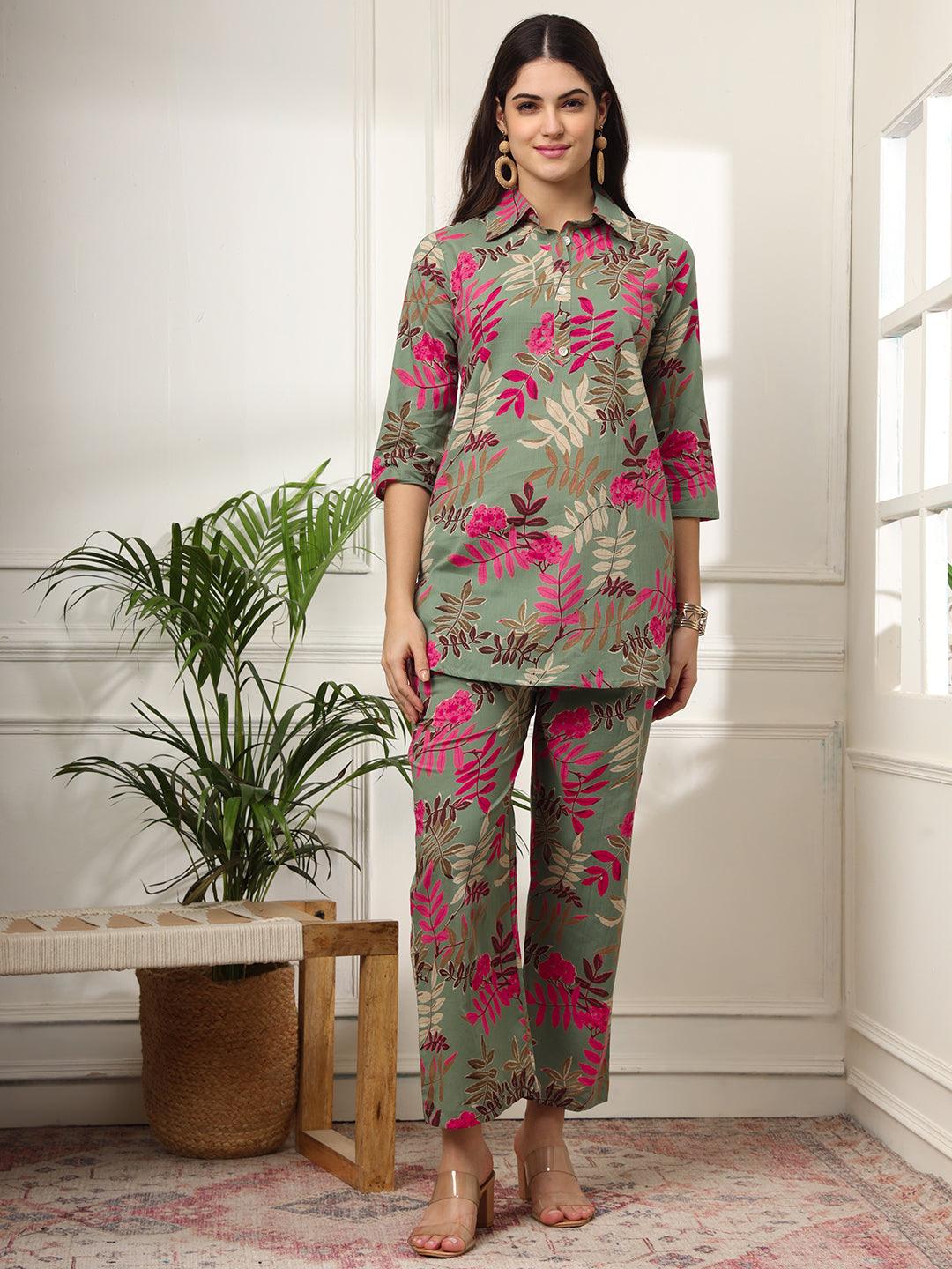 Ekisha's women green designer multicolor floral printed cotton co-ord set lounge wear - Ekisha