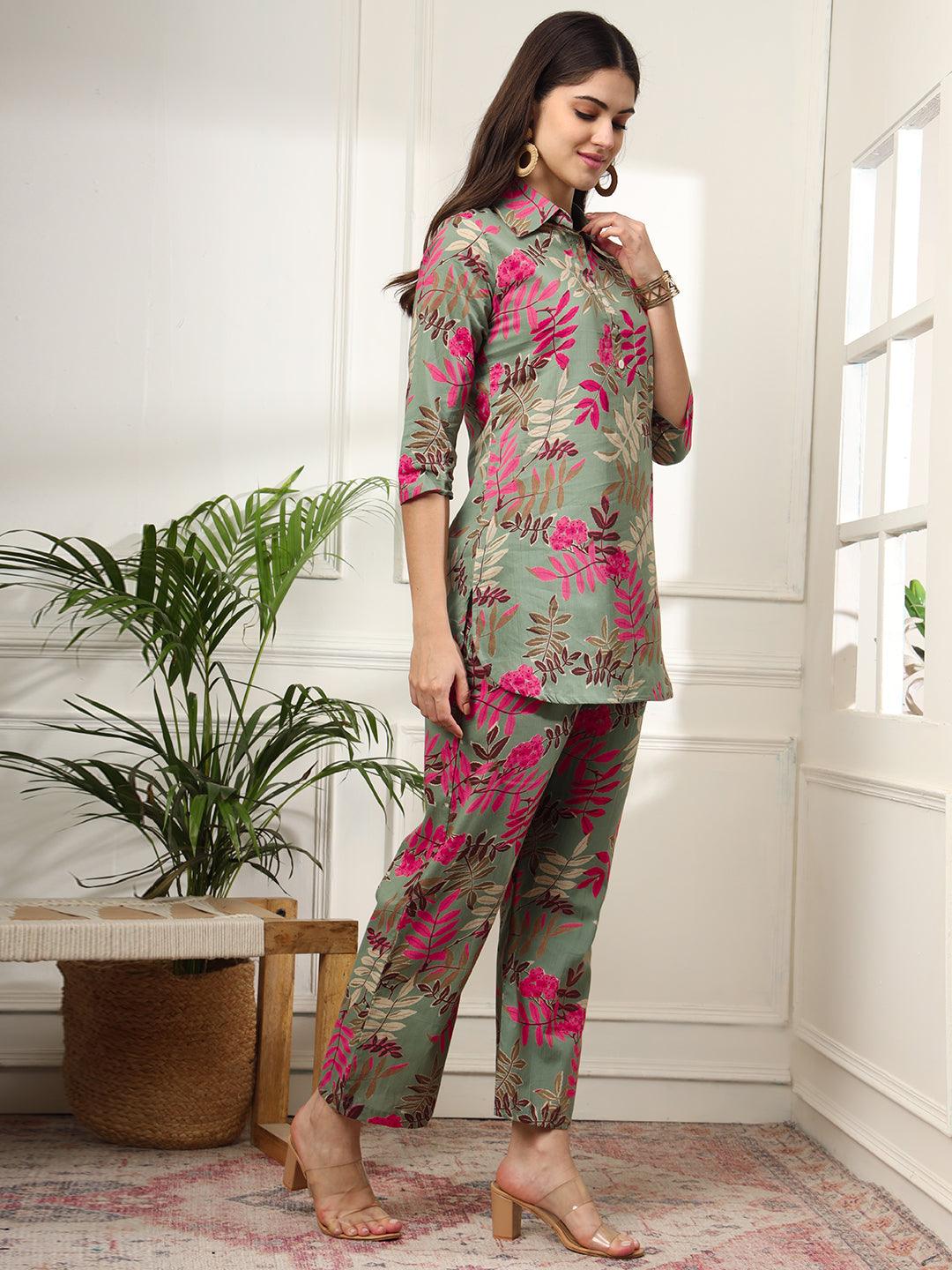 Ekisha's women green designer multicolor floral printed cotton co-ord set lounge wear - Ekisha