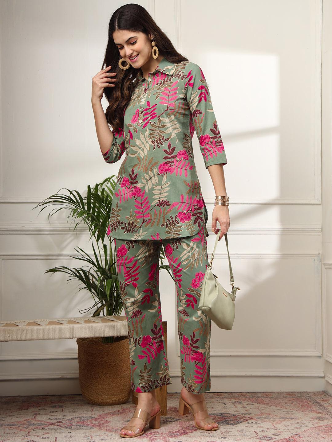 Ekisha's women green designer multicolor floral printed cotton co-ord set lounge wear - Ekisha
