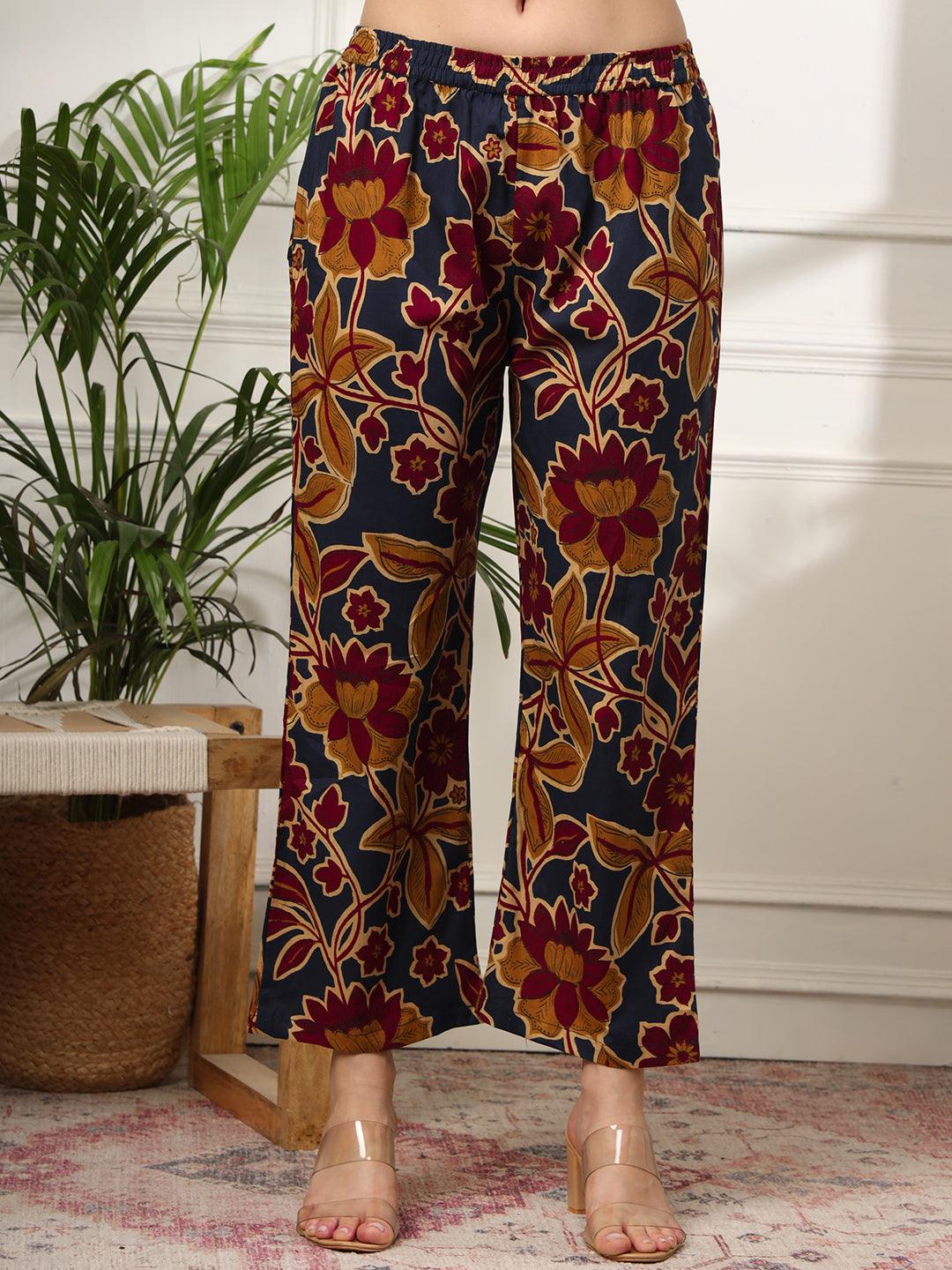 Ekisha's women dark blue multicolor floral printed cotton co-ord set lounge wear - Ekisha