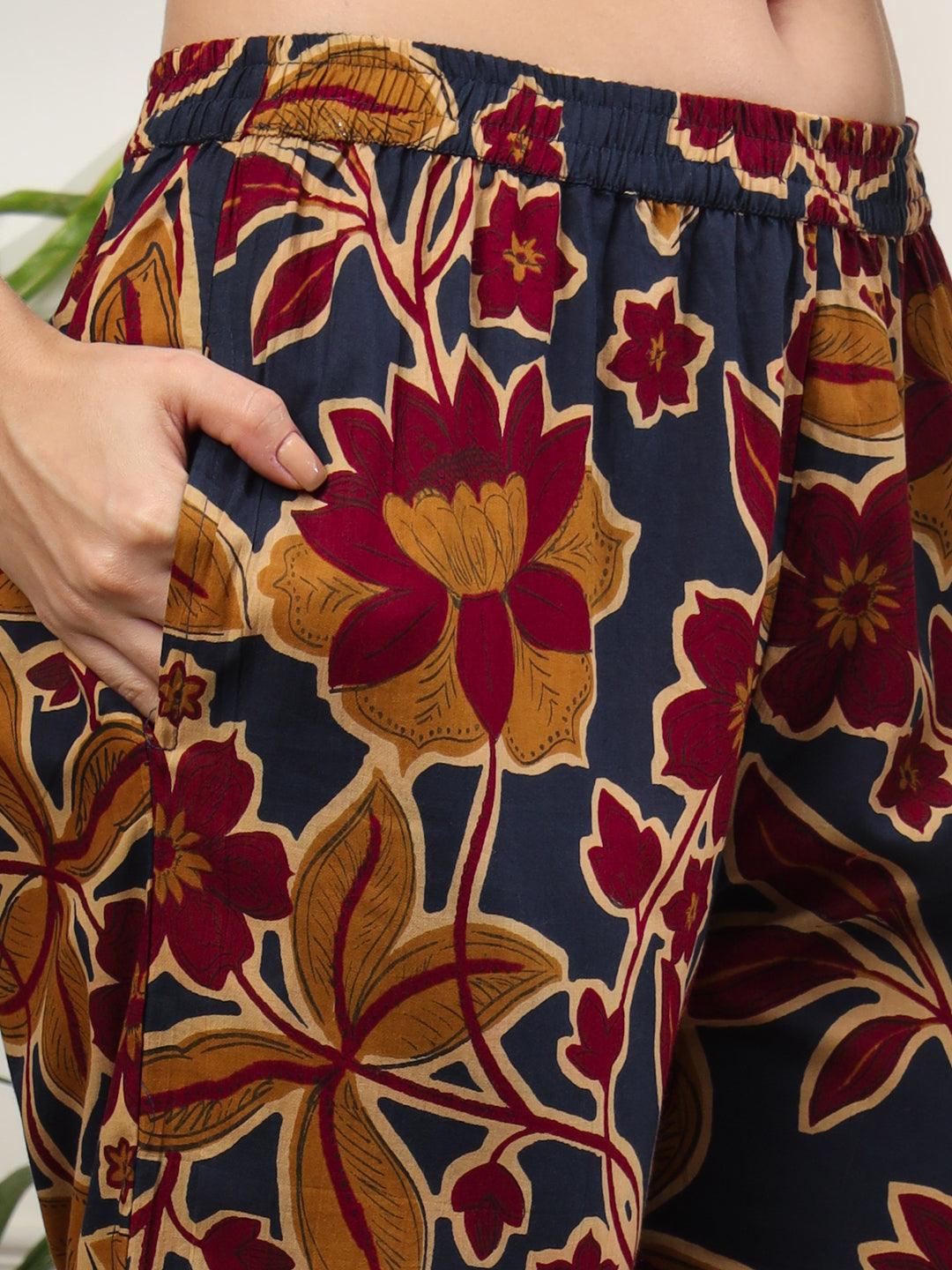 Ekisha's women dark blue multicolor floral printed cotton co-ord set lounge wear - Ekisha