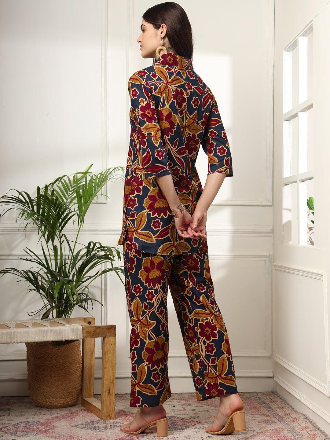 Ekisha's women dark blue multicolor floral printed cotton co-ord set lounge wear - Ekisha