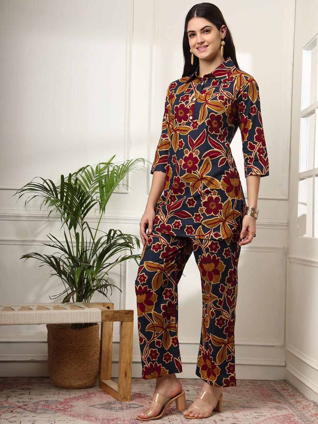 Ekisha's women dark blue multicolor floral printed cotton co-ord set lounge wear - Ekisha