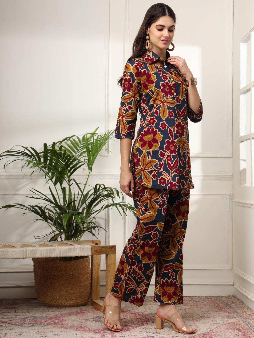 Ekisha's women dark blue multicolor floral printed cotton co-ord set lounge wear - Ekisha