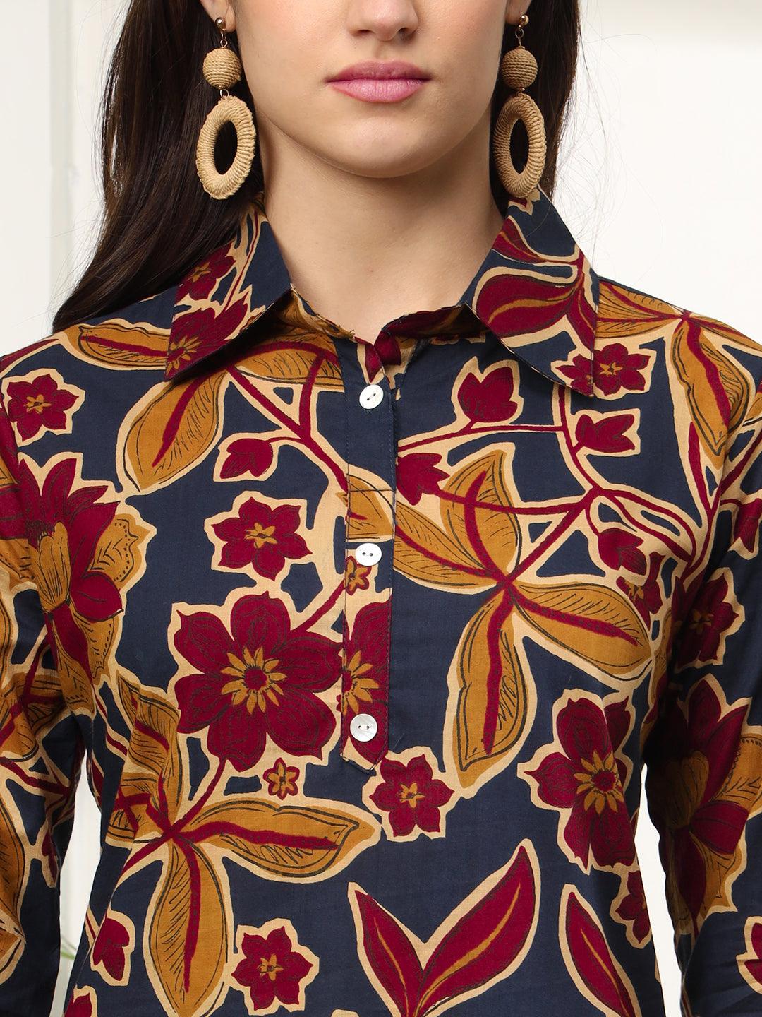 Ekisha's women dark blue multicolor floral printed cotton co-ord set lounge wear - Ekisha