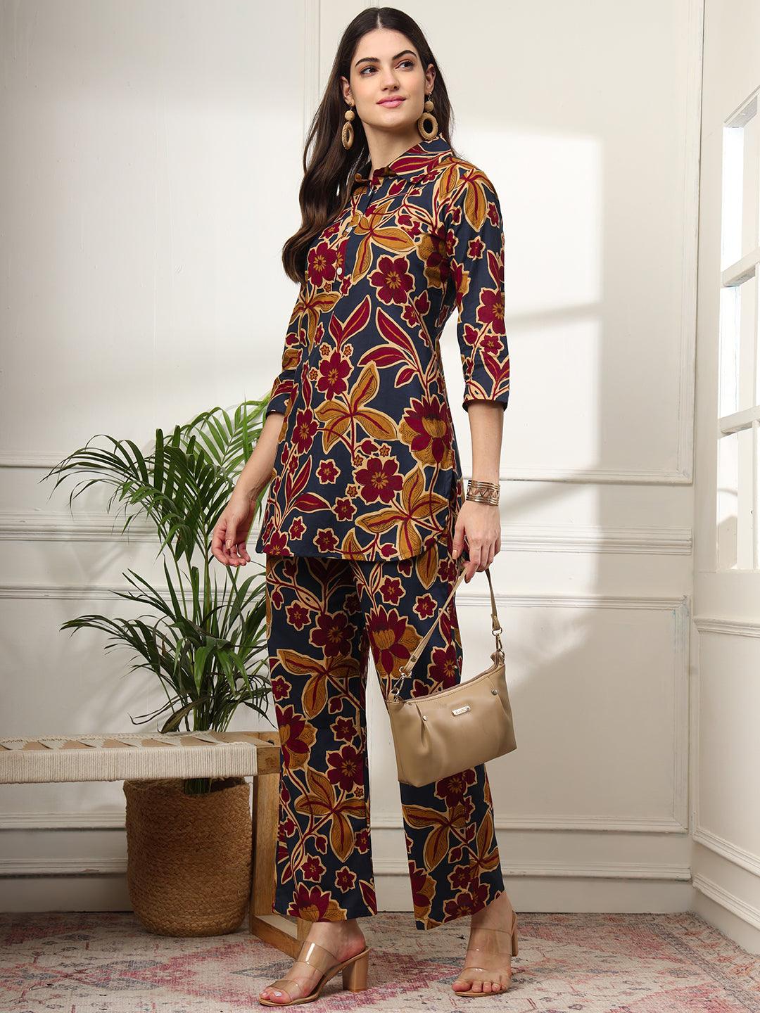 Ekisha's women dark blue multicolor floral printed cotton co-ord set lounge wear - Ekisha