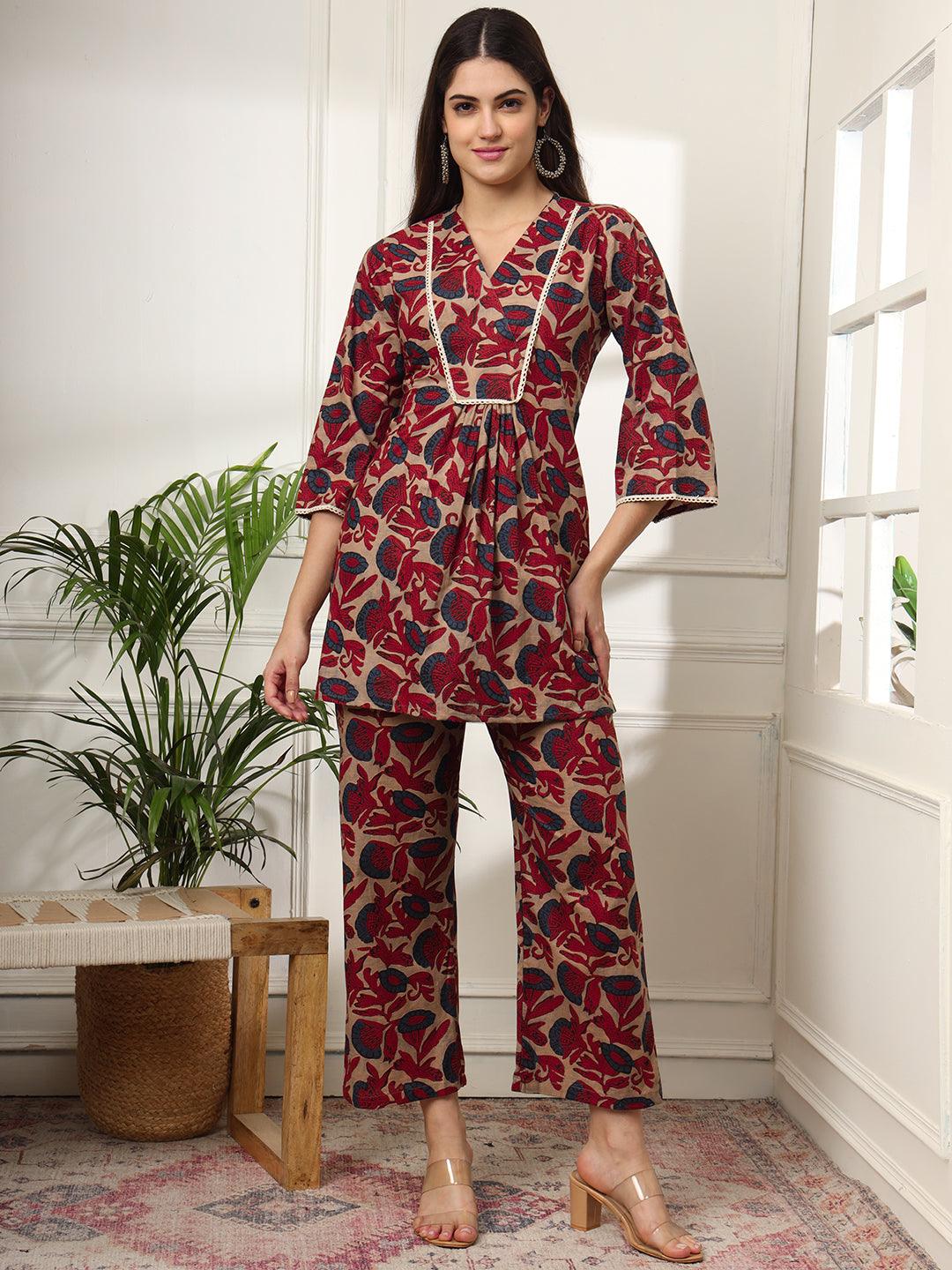 Ekisha's women multicolor floral printed cotton co-ord set lounge wear - Ekisha