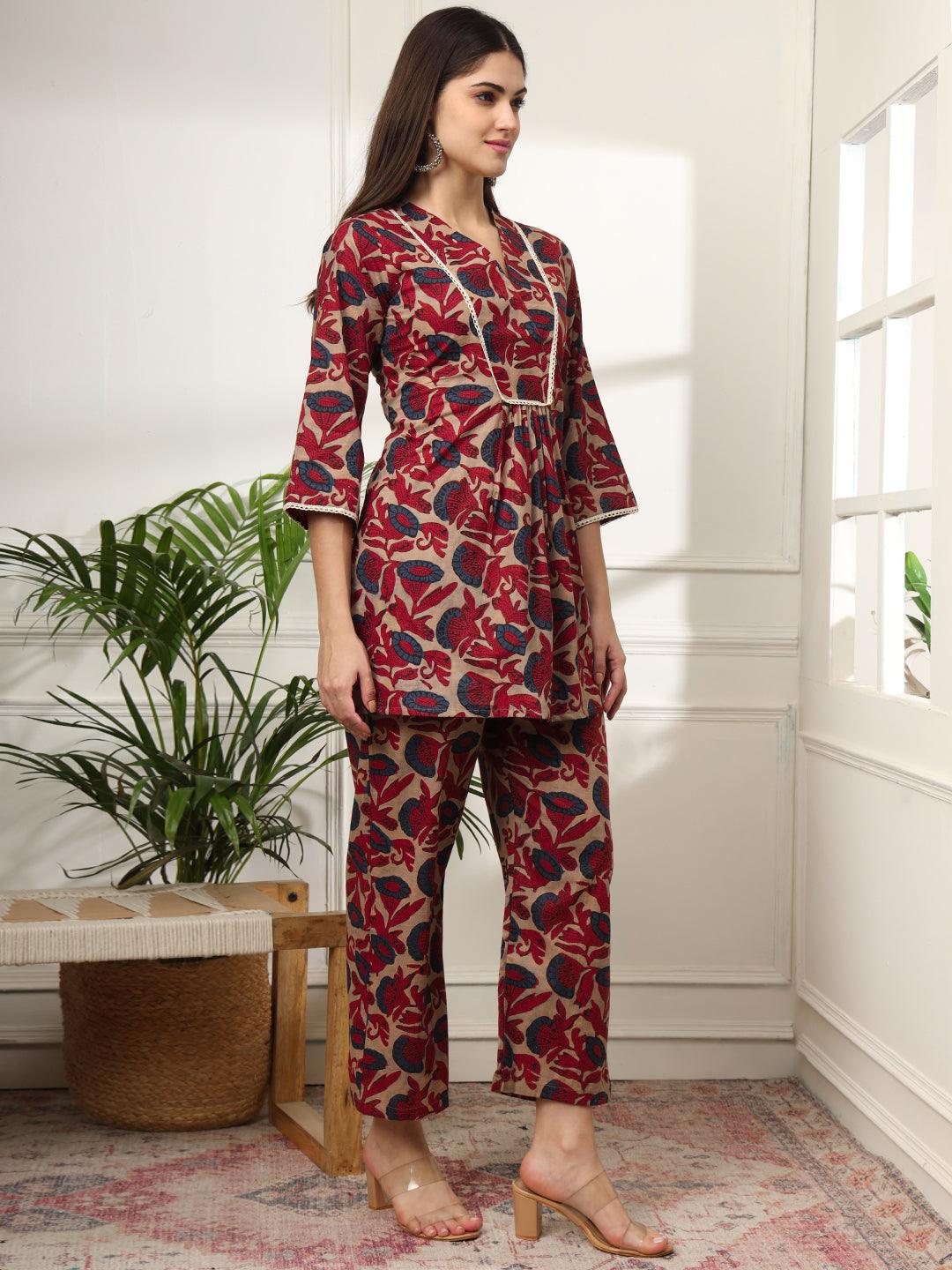 Ekisha's women multicolor floral printed cotton co-ord set lounge wear - Ekisha